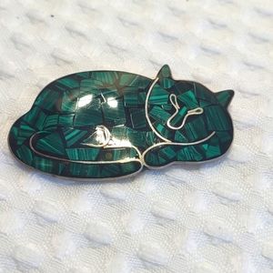 Sterling Silver Inlaid Malachite Cat Pin